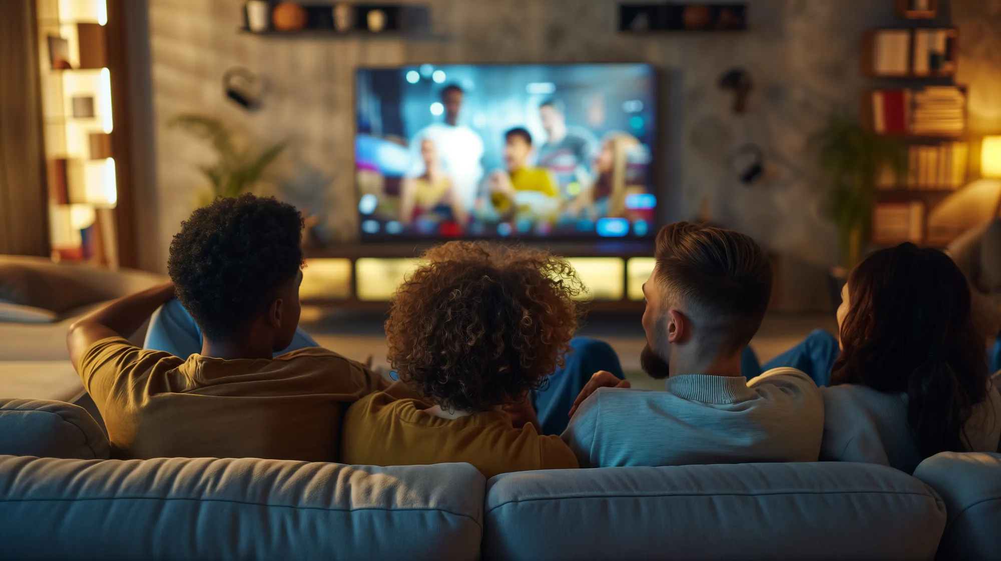 Freunde auf dem Sofa beim Filmabend – Fernseher im warmen Abendlicht