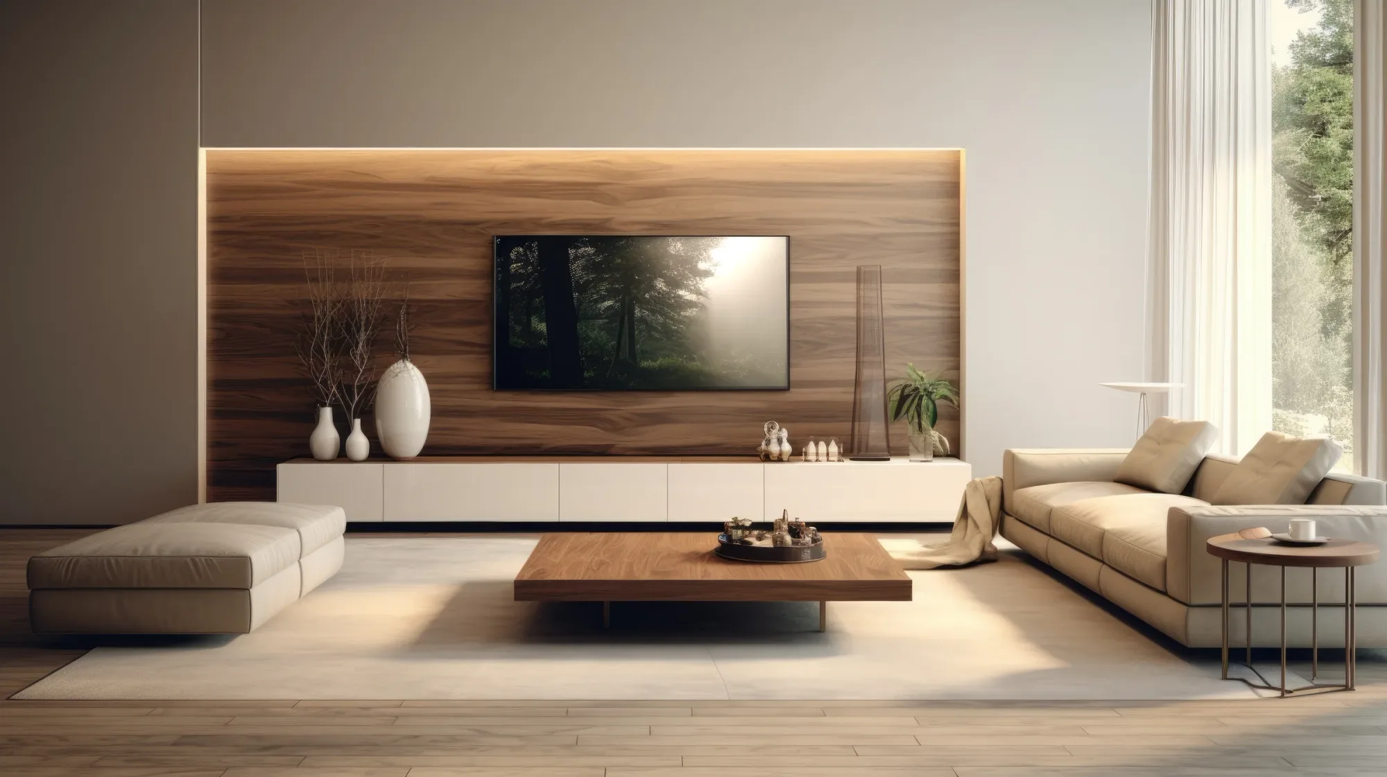 Wohnraum mit Holzwand, eingelassenem Fernseher und Lichtvoute