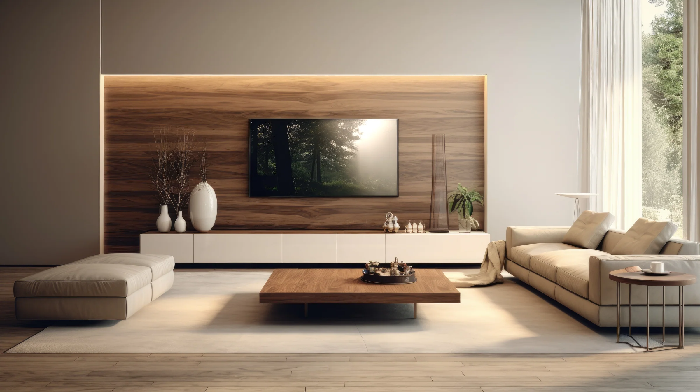 Wohnraum mit Holzwand, eingelassenem Fernseher und Lichtvoute