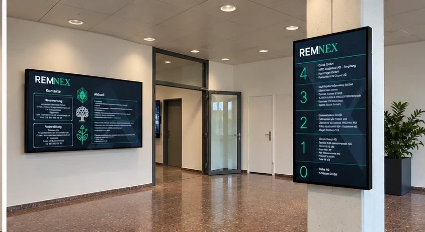 Indicatore di piano e schermo informativo Remnex nell’atrio di un immobile commerciale