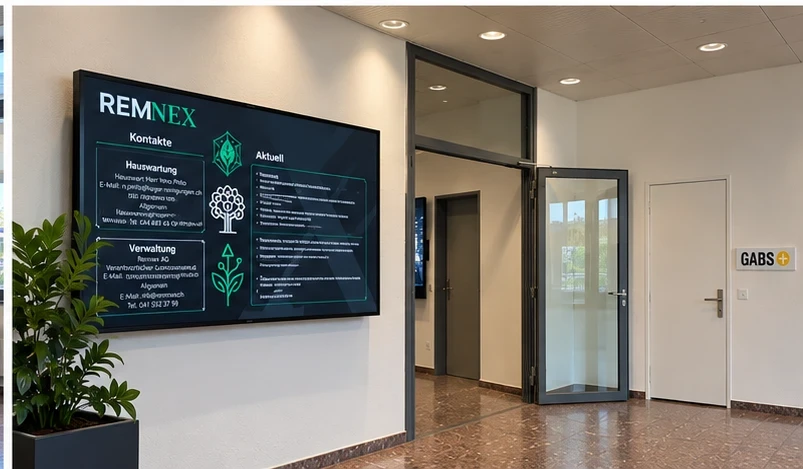 Schermo informativo Remnex con i contatti di custodia e amministrazione e la rubrica Attualità