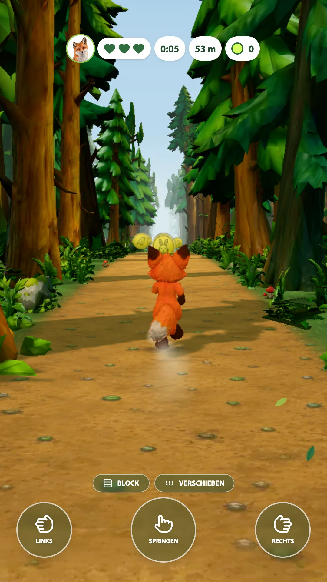 Laufbahn im Spiel: Der Fuchs läuft durch den 3D-Wald und sammelt Münzen