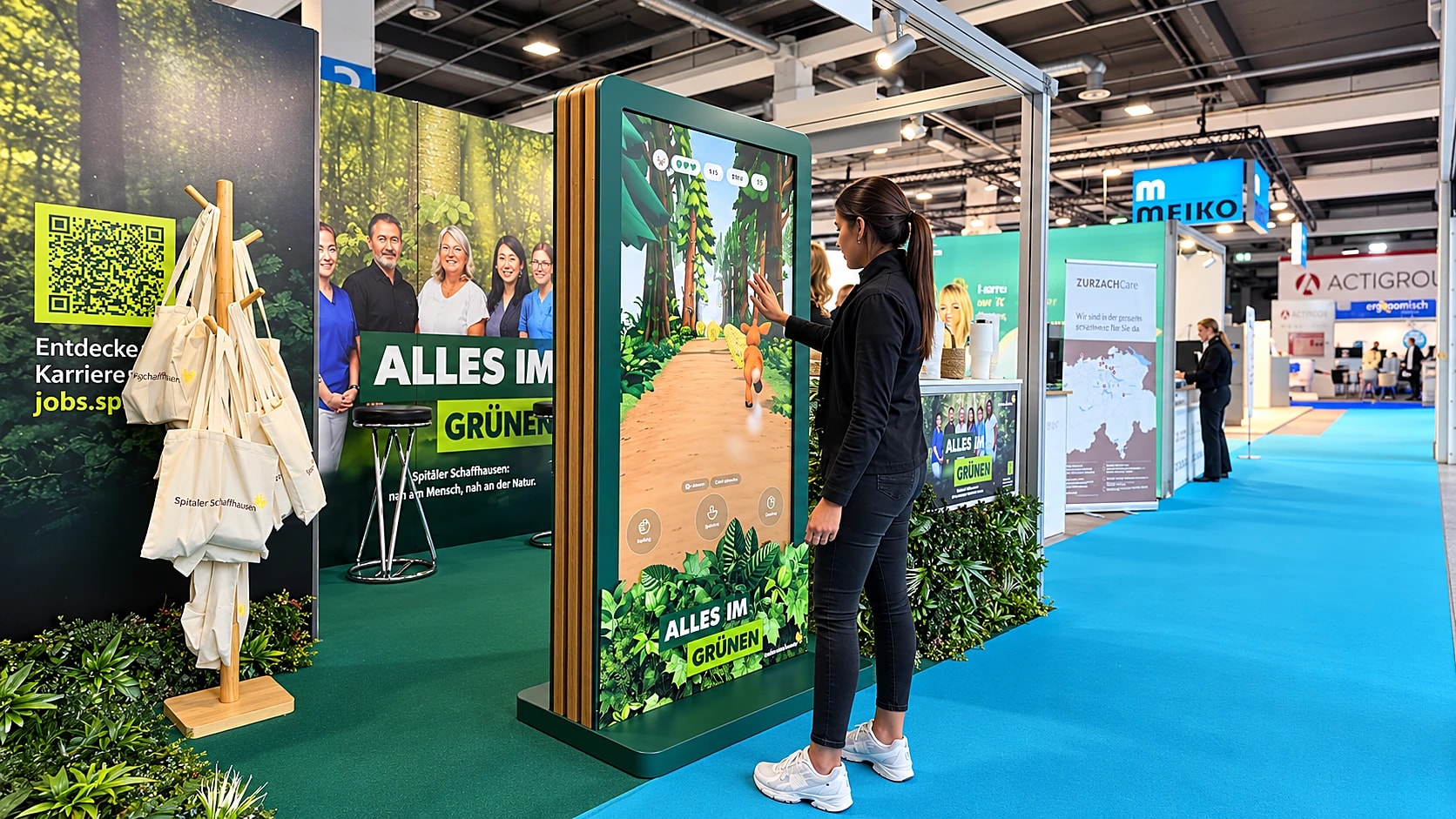 Besucherin spielt am Messestand der Spitäler Schaffhausen die Laufbahn auf der Touch-Stele von IMAGEMEDIA